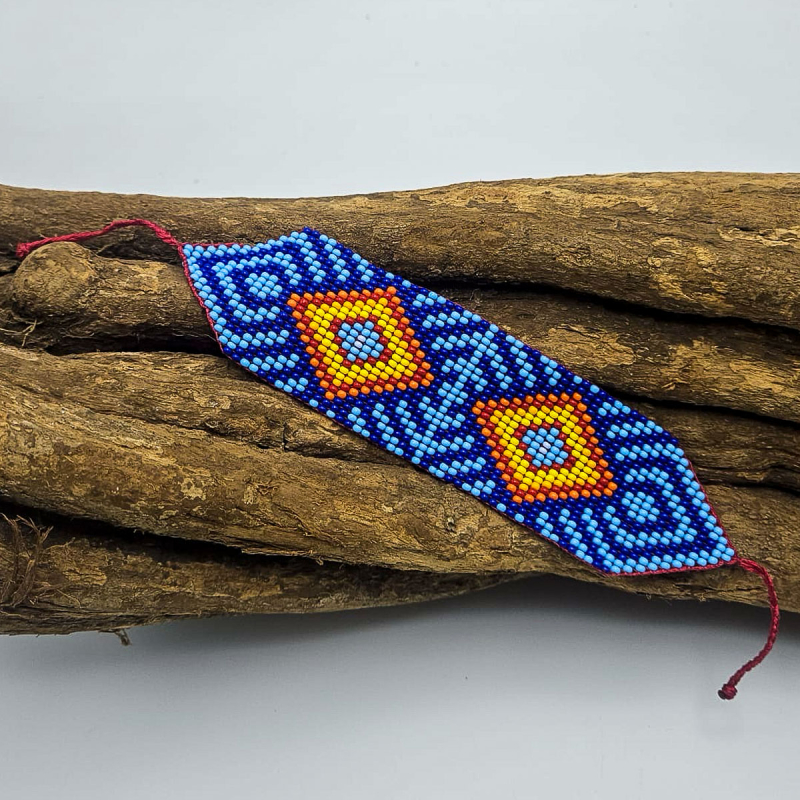 Huni Kuin Armband M3 | Blauw-Oranje Handgemaakte Amazone Armband