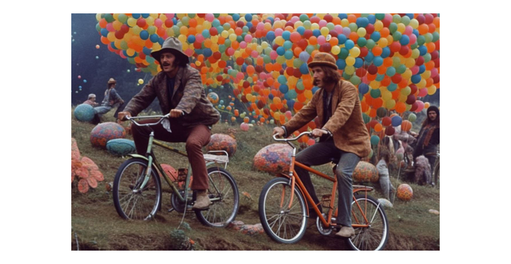 two men riding a bicycle in a festival with lots of balloons in the background