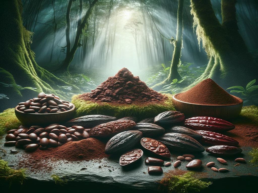 raw cacao beans paste powder jungle