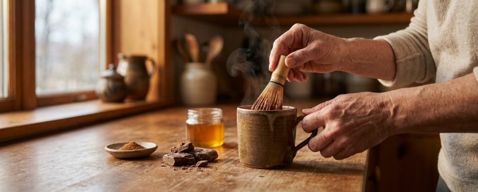 Stirring warm cacao in a mug