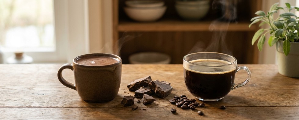 Cacao and coffee mug side by side