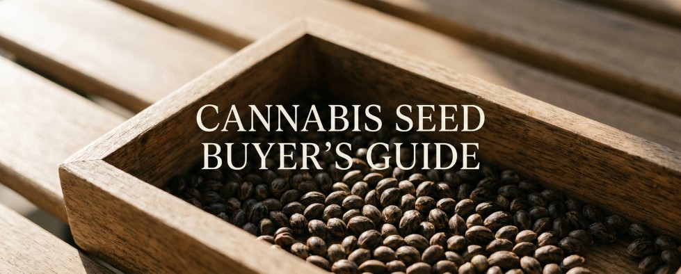 Cannabis seeds in a wooden tray