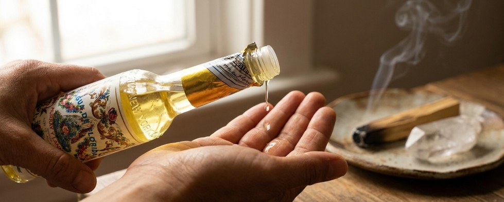 Florida Water in ritual use with palo santo and crystal