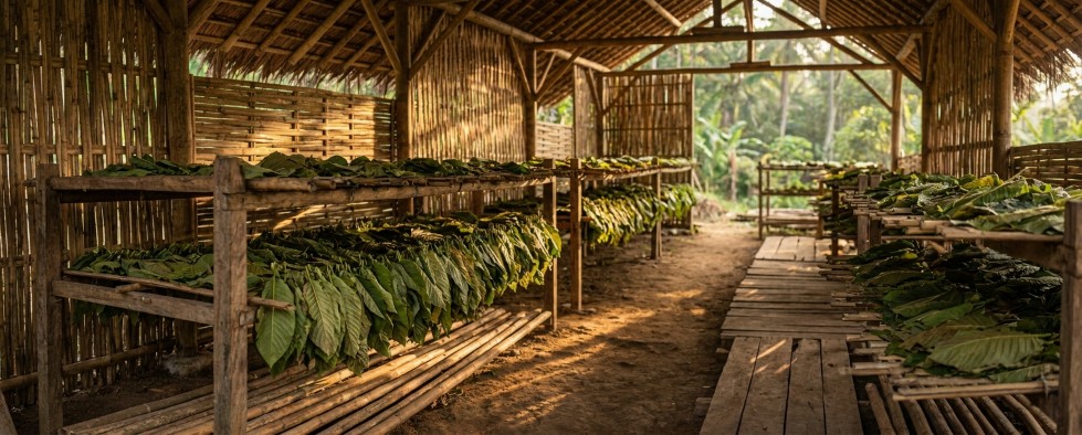 Kratom leaves in drying facility
