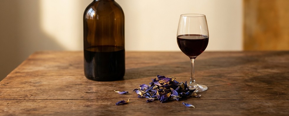 Egyptian lotus wine bottle with dried petals