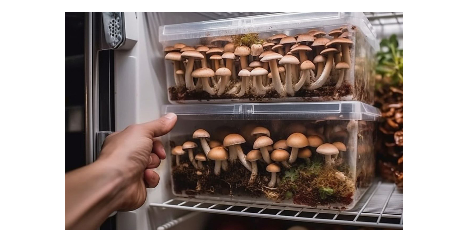 A man taking out magic mushrooms of a refrigerator