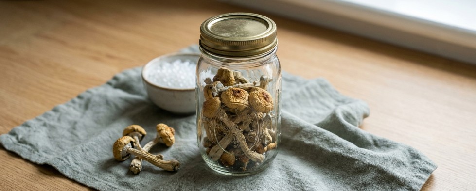 Dried magic mushroom supply in jar