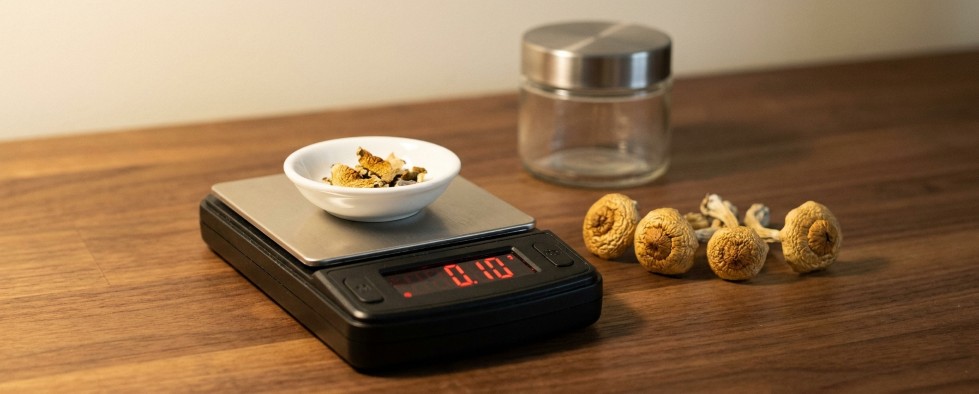 Magic mushroom microdosing dried mushrooms on scale