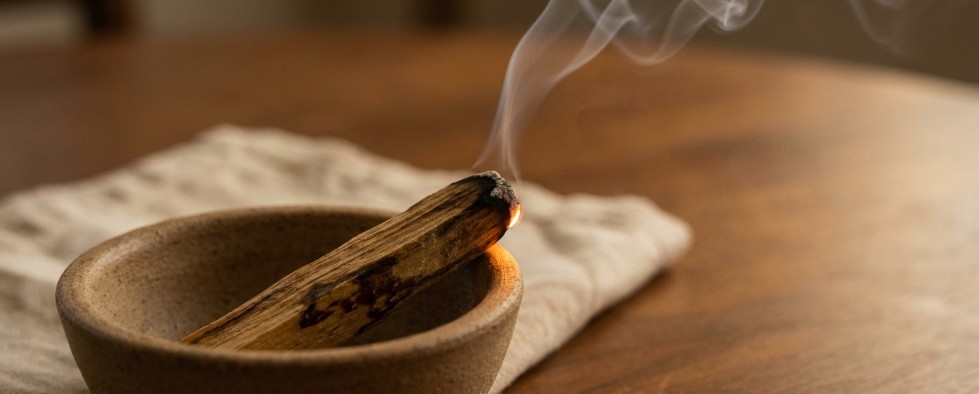 Palo Santo stick burning smoke wooden bowl