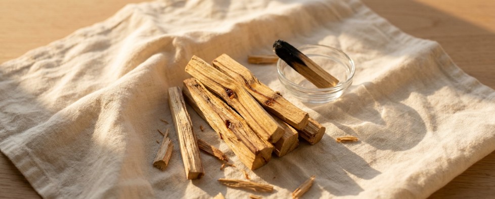 Palo Santo sticks on linen cloth warm sunlight