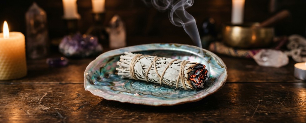 White sage smudge stick burning in an abalone shell