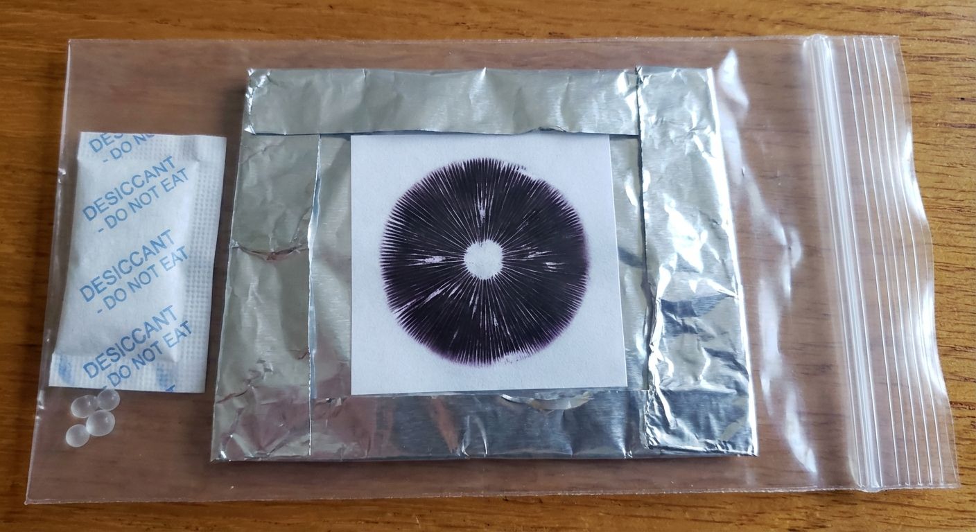 Spore print sealed in foil for storage