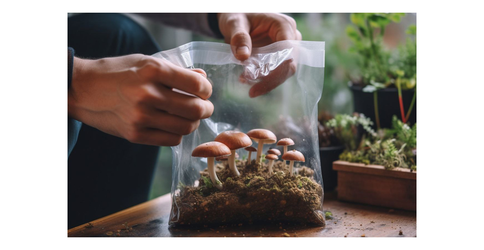A man opening a bag of magic mushroom grow kit