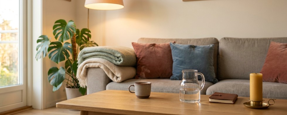 Trip sitter setup dekens kaars cacao mok rustige kamer