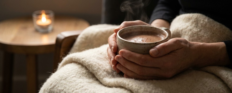 Handen om warme cacao mok deken zachte rust