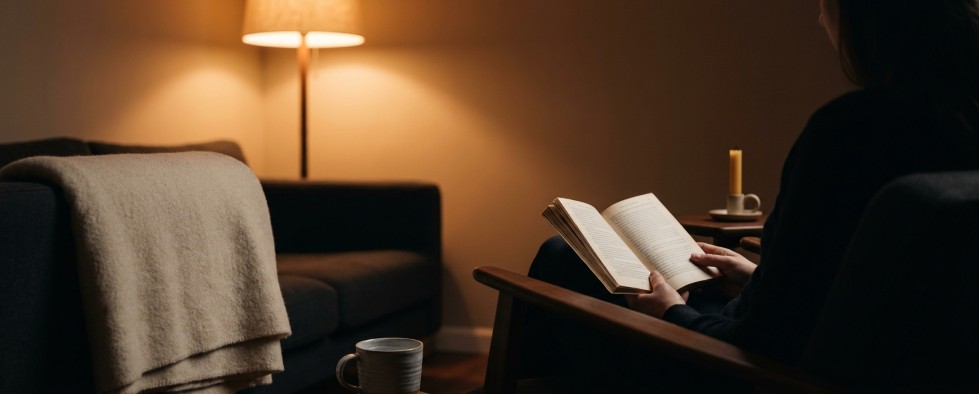 Sitter rustig aanwezig boek in hand tripper op bank deken