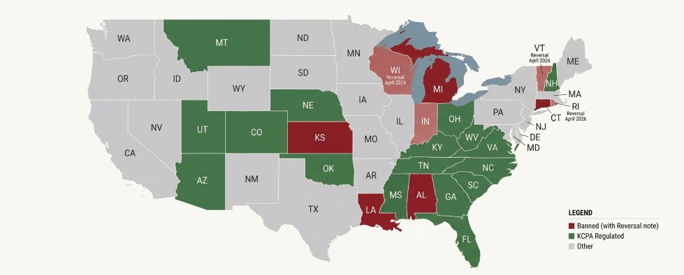 US map of kratom regulation by state