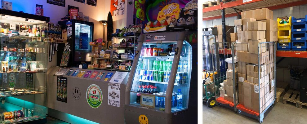 Left: the original Next Level shop in Zwolle. Right: parcels ready for shipping at the warehouse