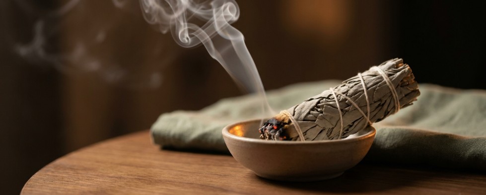 Witte salie smudge stick brandt rook keramieken schaal